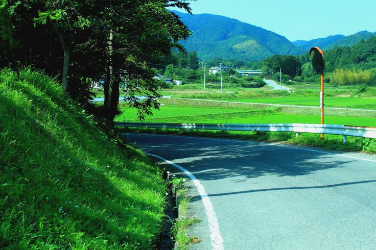 the image shows a winding road curving through a lush green landscape with trees, mountains, and fields. a guardrail runs along the side of the road and a mirror is positioned at a curve.