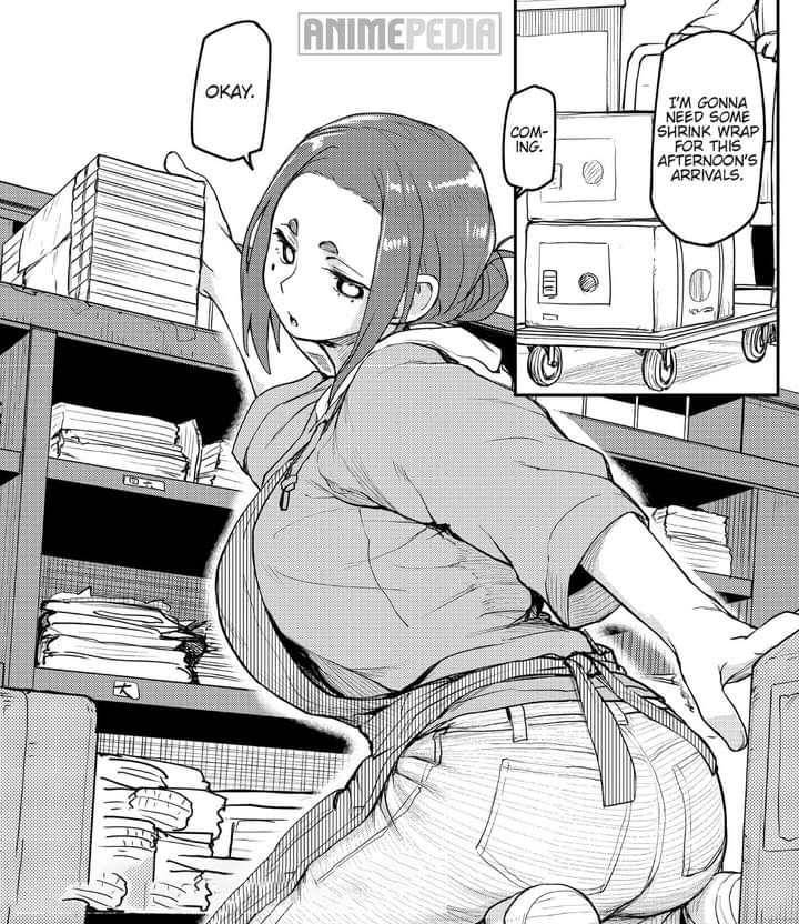 an anime drawing shows a woman near a shelf with multiple boxes and books. there are text bubbles with text that read "okay", "coming", and "i'm gonna need some shrink wrap for this afternoon's arrivals". there is also a storage container on a rolling platform.