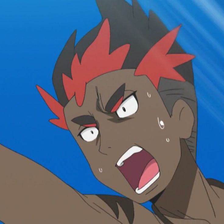 a cartoon male anime character with red and black hair is shown in shock with wide eyes and an open mouth. the character is in a blue water background.