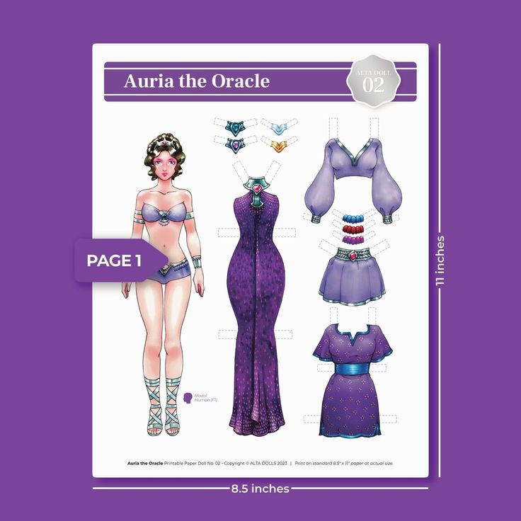 the image shows a printable paper doll sheet featuring "auria the oracle" (alta doll 02). the sheet includes a paper doll figure with a default outfit, along with various clothing items and accessories that can be cut out and attached to the doll. there are dresses, tops, skirts, and jewelry. the color scheme is predominantly purple. the sheet also indicates the dimensions for printing on standard 8.5"x11" paper at actual size.