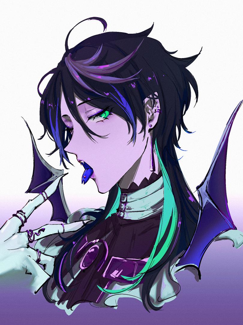 a digital illustration of a female anime character with long black hair with green and purple highlights. she has purple eyes and is wearing a black and white outfit with a choker and rings on her fingers. she has wings on her back and a small blue object in her mouth. the background is purple and blue.