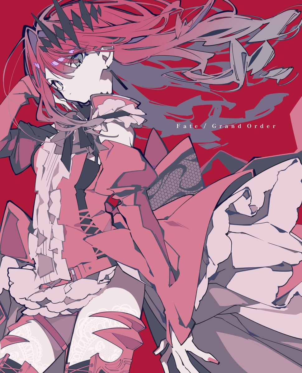 a fullbody illustration of an anime girl, possibly a character from fate/grand order. she has red hair and red eyes. she is wearing a complex outfit with laces and frills, and a crown on her head. the background is red. the style is anime. the view is a side view.