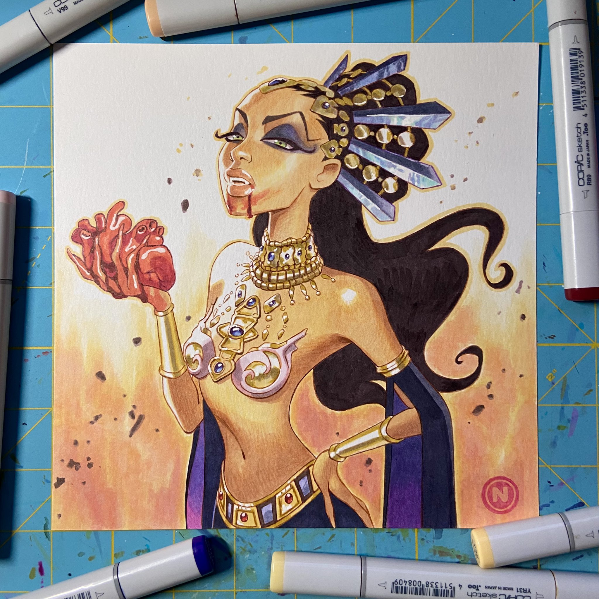 this is a digital illustration of a woman with dark hair and a red heart in her hand. the woman is dressed in a gold and red outfit with a dark purple robe. she is looking at the viewer with an almost seductive look. she is surrounded by red, gold and blue accents.