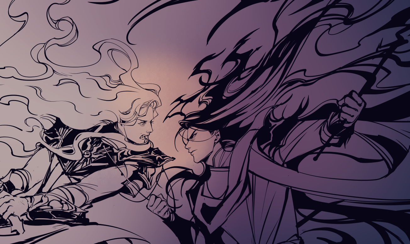 the image depicts a fierce battle between two figures with dramatically flowing hair. one figure, bathed in light, has long, white hair and wields a sword. the other, shrouded in shadow, has dark, flowing hair and appears to be wielding a weapon as well. their dynamic poses and the clash of light and shadow create a sense of intense action and conflict.
