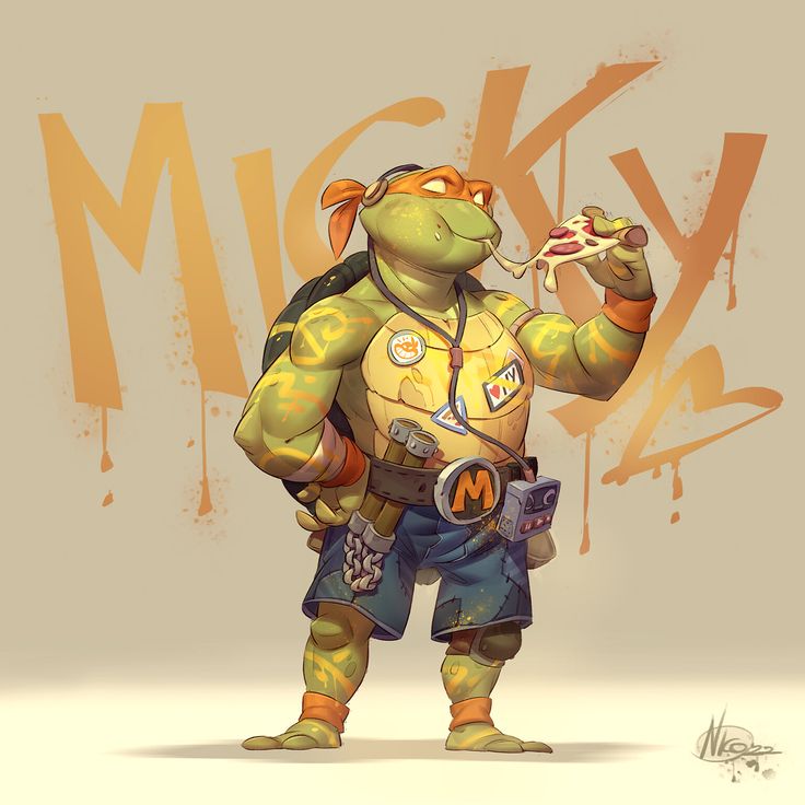 this is a digital illustration of michelangelo, a teenage mutant ninja turtle. he is wearing his signature orange bandana and is eating pizza while standing in front of a wall with graffiti. the graffiti says "micky". he is a green, cartoonish turtle with a yellow shell, orange bands on his arms, and brown eyes. he is wearing blue shorts and a brown belt with a yellow buckle. he also has a yellow backpack with a radio, and two brown sticks that are possibly nunchucks. his expression is relaxed and content.