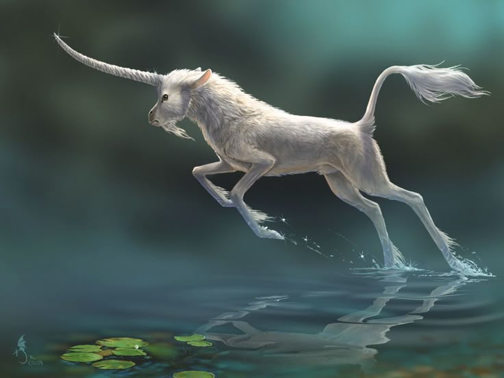 an illustration depicts a white unicorn leaping across a body of water. its reflection is visible in the water below, which also contains several lily pads. the unicorn has a long, twisted horn and a flowing tail.