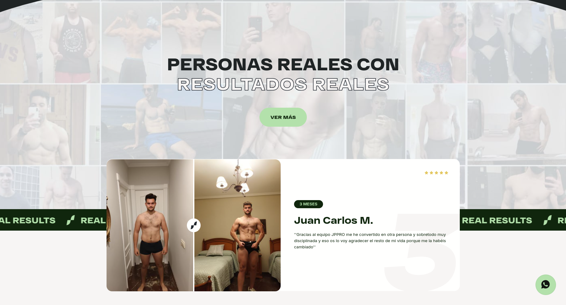 the image is a fitness advertisement showcasing real people with real results. the ad features a collage of before and after photos of people who have achieved fitness goals through a fitness program. it also includes a testimonial from one of the participants, juan carlos m., who says that he has been transformed into a new person because of the program. the ad highlights the positive impact of the program on the participants' lives, inspiring viewers to achieve their own fitness goals.