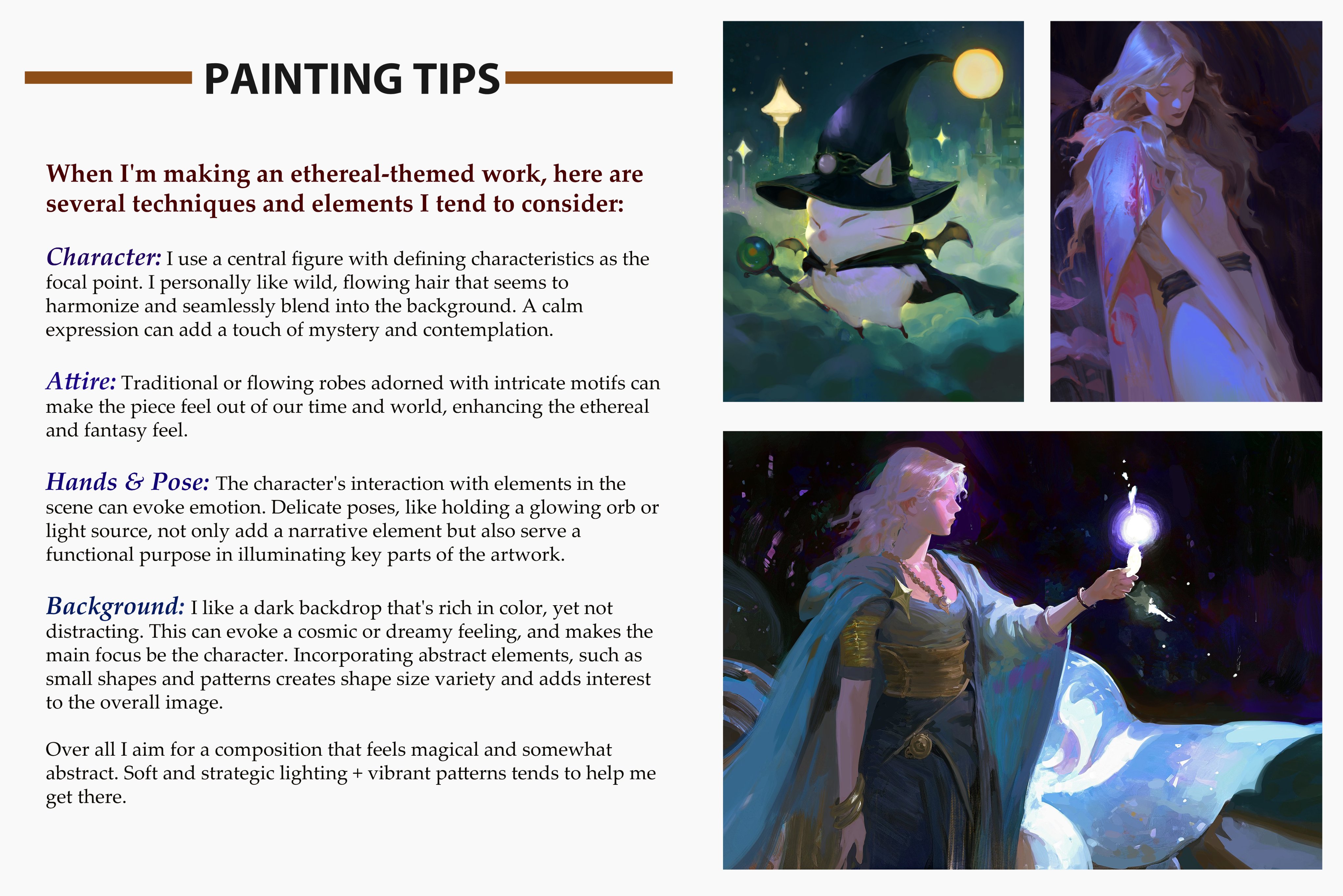 the image contains text with painting tips for an ethereal theme. the text discusses the character, attire, hands and pose, background, and overall composition. below the text, there are three smaller images that showcase the elements described. the leftmost image shows a cute character, looking like a cat, wearing a witch's hat, floating on clouds with a star in the background. the rightmost image shows a character in a blue cloak, holding a glowing orb, in a dark purple background. the middle image shows a close up of the character in the rightmost image. all images are illustrations done in digital media.