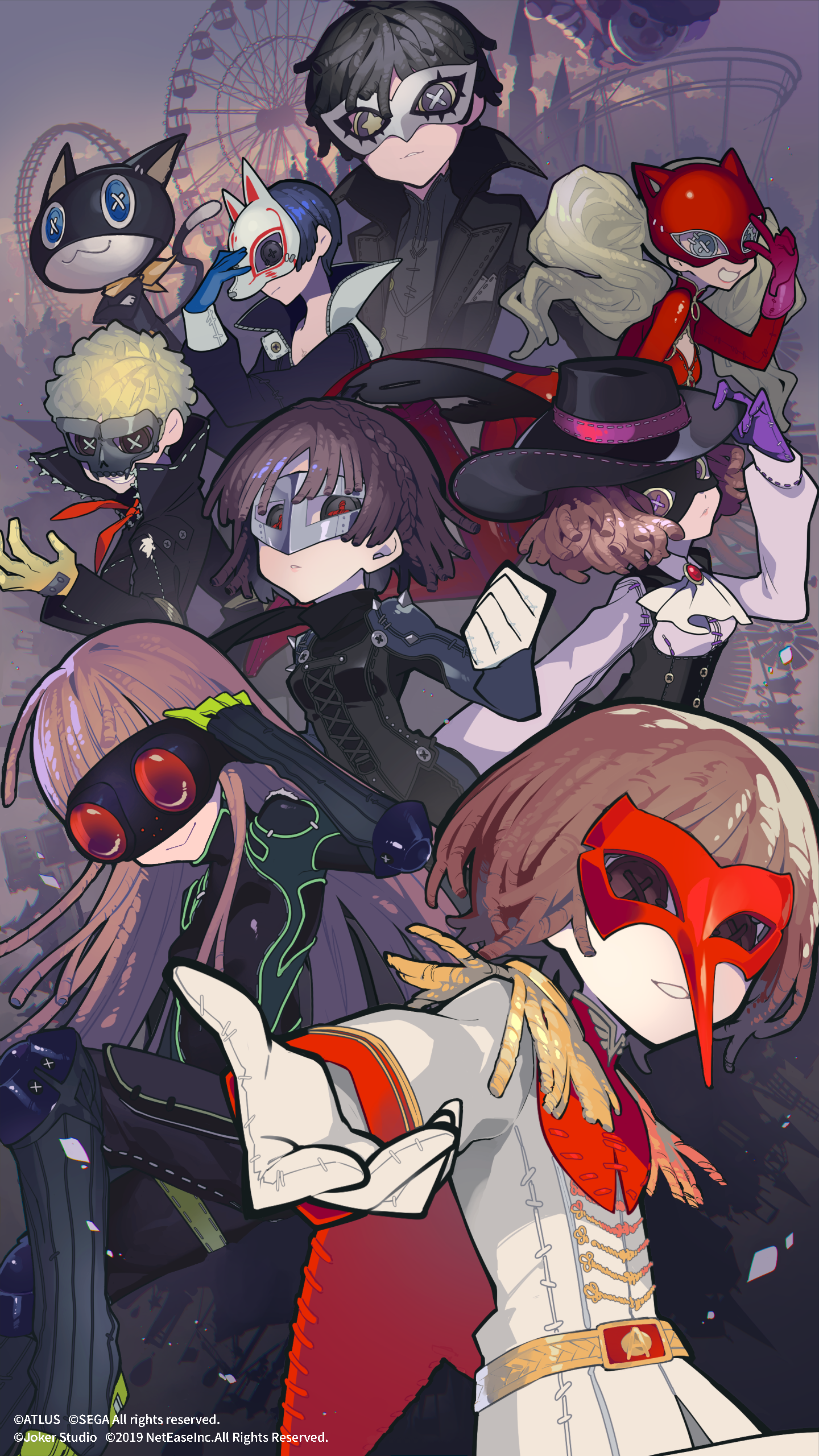 illustration of the persona 5 phantom thieves wearing their masks, with a carnival background featuring a ferris wheel.