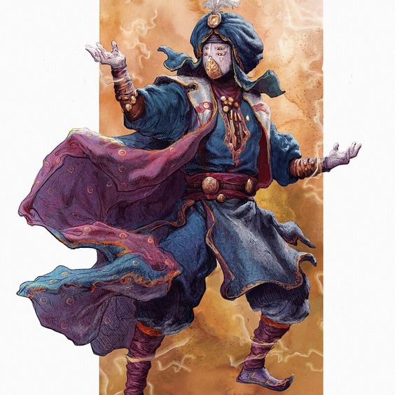 a male wizard in blue and purple robes with a gold mask floats above the ground, wreathed in lightning.  the background suggests an indoor desert environment.