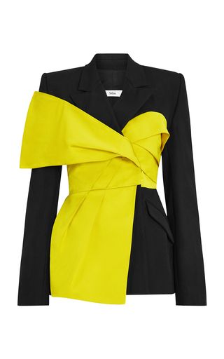 a black blazer with a yellow, gathered sash around the torso is shown on a white background.