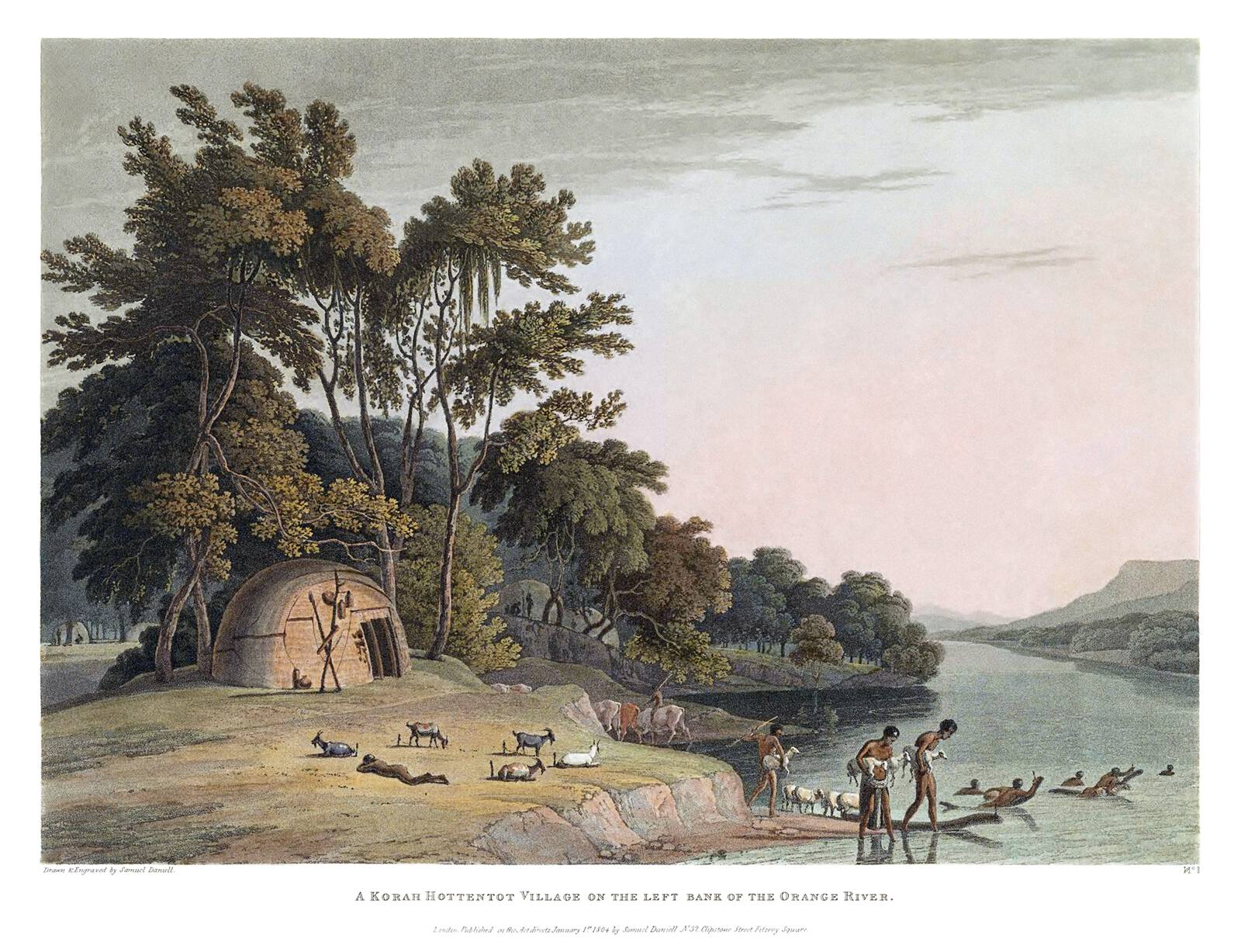 the image is a 19thcentury painting titled "a korah hottentot village on the left bank of the orange river." the painting depicts a rural scene with a village situated near a river. in the foreground, there is a hut surrounded by trees and livestock. several people are depicted swimming in the river, while others are standing on the riverbank with sheep. the landscape includes trees, mountains, and a cloudy sky. the overall scene portrays a depiction of a korah hottentot village and its inhabitants interacting with the natural environment.