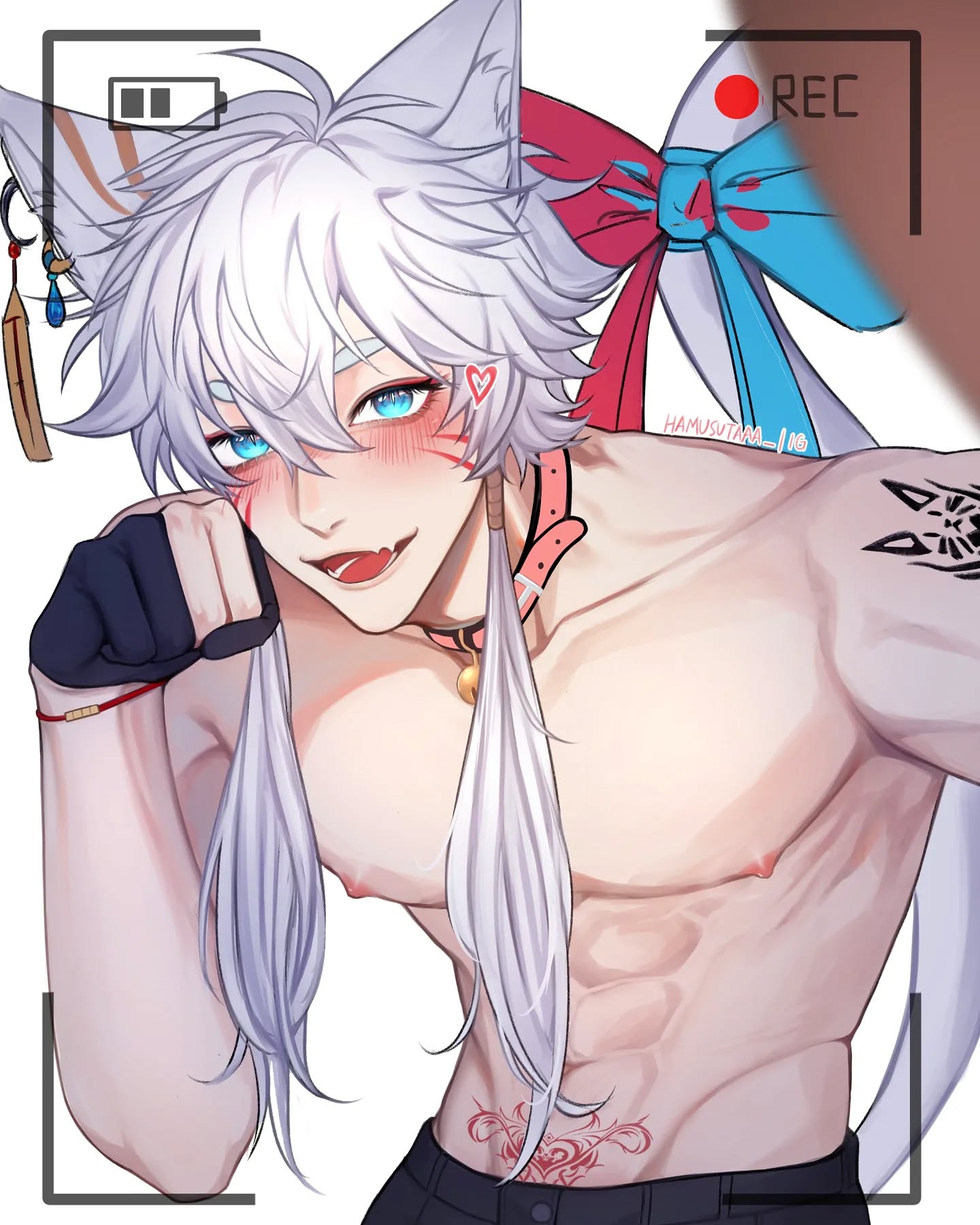 the image is a digital drawing or fanart of an animestyle male character.  he has long, white hair styled with cat ears and a pink and blue ribbon bow. he's shirtless, showcasing a toned physique with visible abdominal muscles and a small tattoo on his stomach. he has blue eyes and blush on his cheeks, and he appears to be taking a selfie, as indicated by the camera frame overlayed on the image. his expression is flirtatious, and he's wearing a darkcolored glove on one hand and a pink collar with a small bell around his neck. the overall style is attractive and suggestive.