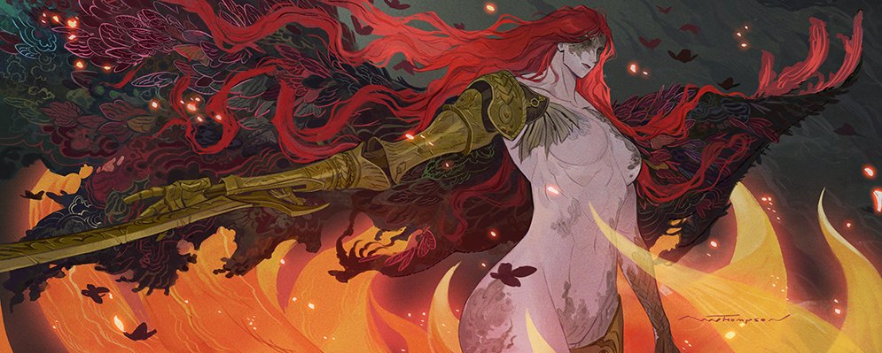 an illustration of a woman with red hair and a golden armor standing in a ring of fire. she is holding a sword and looks determined. she has a mysterious air about her. she is depicted with a powerful pose, with her hair flowing in the wind. this illustration suggests that she is a powerful warrior, ready to defend her land.