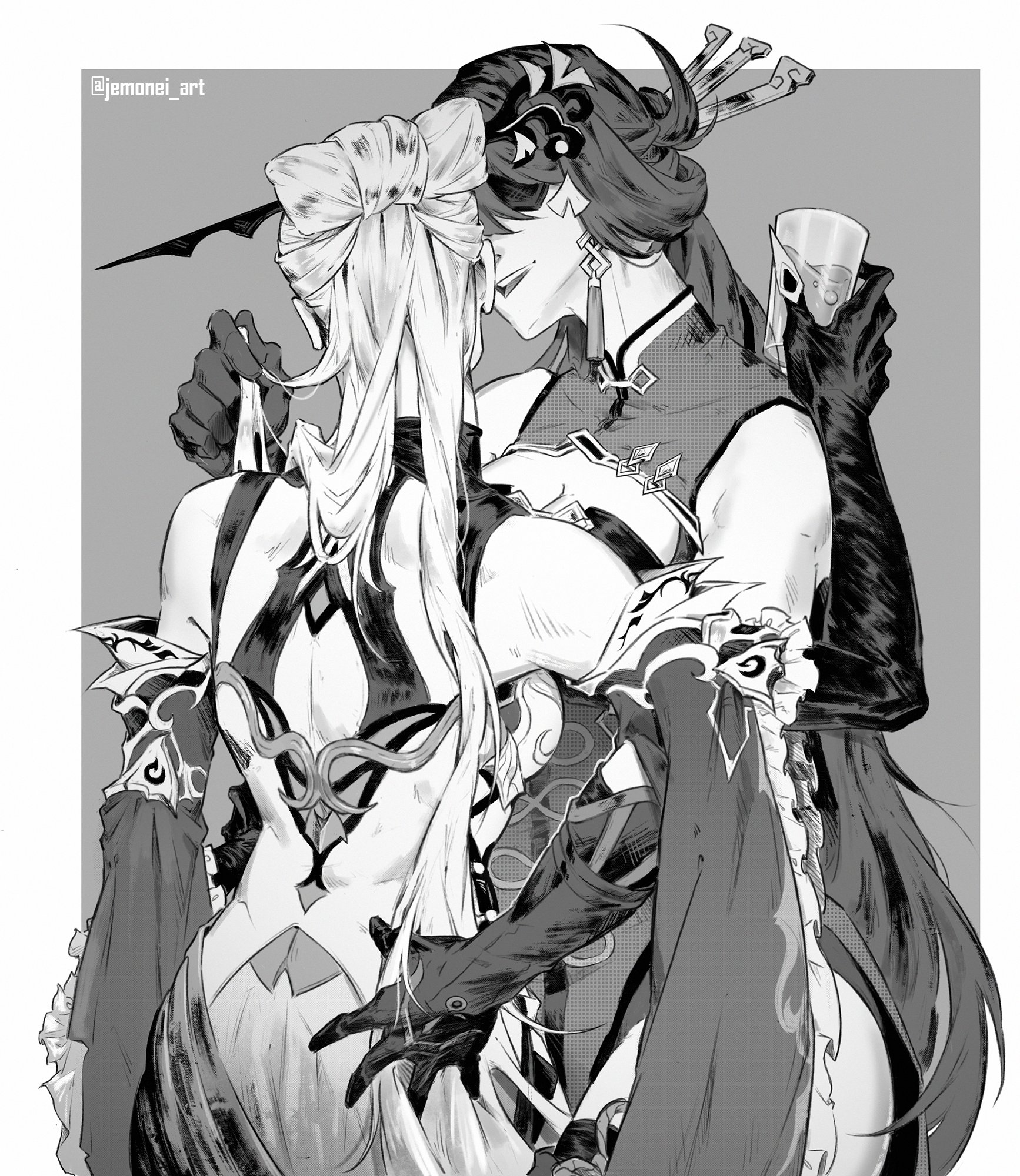 a black and white illustration of two animestyle girls embracing. one girl has long dark hair styled up and is wearing a traditional chineseinspired dress. the other girl has long blonde hair styled in a bun and is wearing a more europeanstyle dress. they are very close, appearing to be in a romantic relationship. the style is reminiscent of fanart, potentially inspired by the game genshin impact, given the resemblance to characters raiden shogun and ganyu. the artwork displays a high level of detail, with intricate designs on the clothing and delicate shading. the overall mood is romantic and intimate.