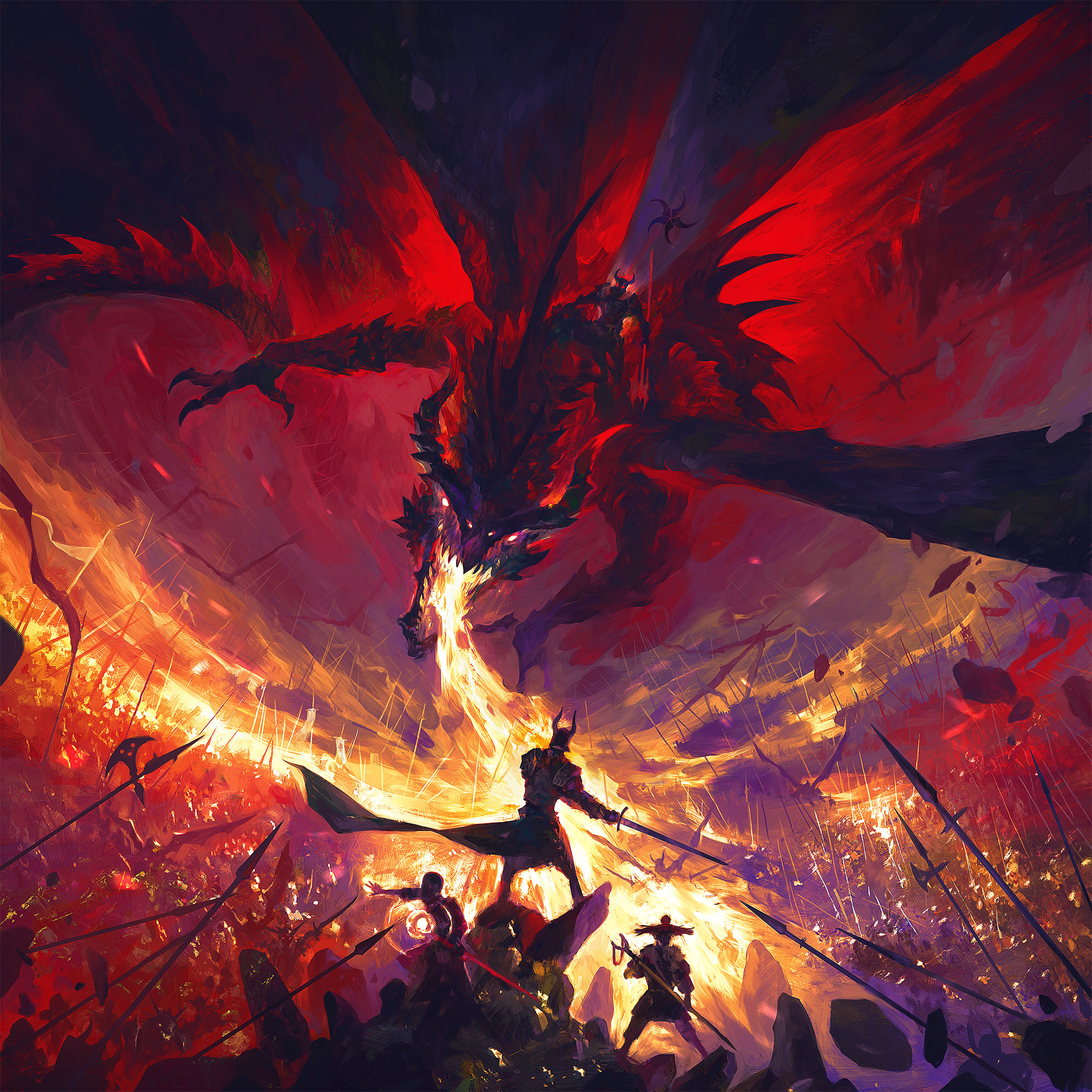 the image is a vibrant and dynamic digital painting depicting an epic fantasy battle scene. a massive red dragon, its wings spread wide, dominates the upper portion of the artwork.  it's breathing a powerful stream of fire that engulfs a large army below. a lone knight, clad in dark armor, stands defiantly against the dragon's fiery breath, wielding a sword. other figures, possibly soldiers or mages, are scattered amidst the chaotic battle, attempting to fight back against the overwhelming force of the dragon. the overall style is dark fantasy, with a focus on dynamic movement, intense color contrasts (reds, oranges, and dark purples), and a dramatic atmosphere of chaos and destruction.  the dragon's rider is visible, adding to the sense of scale and menace. the scene is highly detailed, showing individual soldiers and elements of the battlefield within the broader, sweeping strokes of the painting.