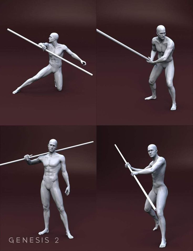 this is a 3d model of a male human figure. he is posed in four different fighting stances. he is holding a long staff, which is used as a weapon in martial arts. he has a muscular and toned physique, and he is wearing no clothing. he appears to be training for combat.