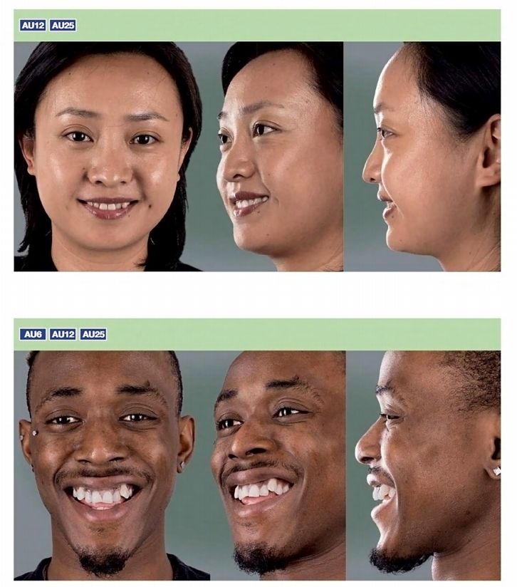 the image shows headshots of two individuals with different ethnicities (asian and black). each person is photographed in three views: frontal, 3/4, and profile, all smiling. there are codes "au6," "au12," and "au25" possibly referencing facial action units. the images are set against a light green background.