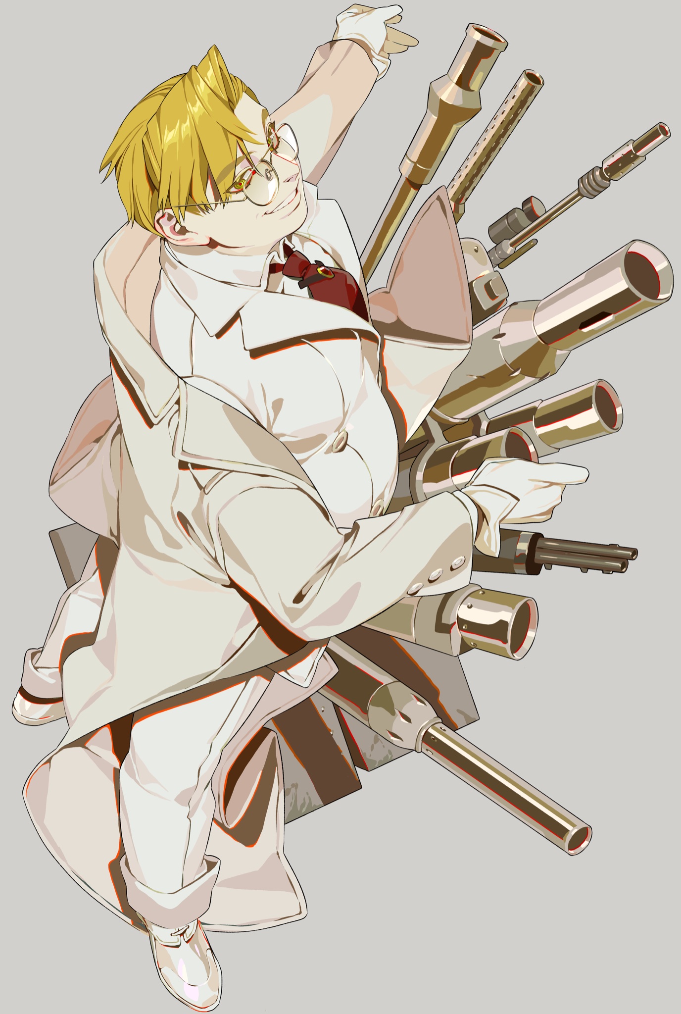 animestyle illustration of a blondehaired character with eyeglasses, wearing a white coat and surrounded by an array of firearms. the character is pointing in different directions, and appears to be floating or in motion.