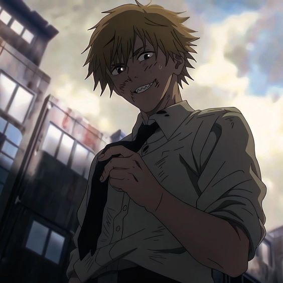 the image showcases a blond anime boy with a menacing grin, standing amidst a dilapidated urban setting. he wears a partially unbuttoned white shirt and loose tie, hinting at a struggle. his face, bearing a look of both excitement and malice, reveals a glimpse of his teeth. the low angle shot, coupled with the dramatic lighting and overcast sky, amplifies the character's intimidating aura.