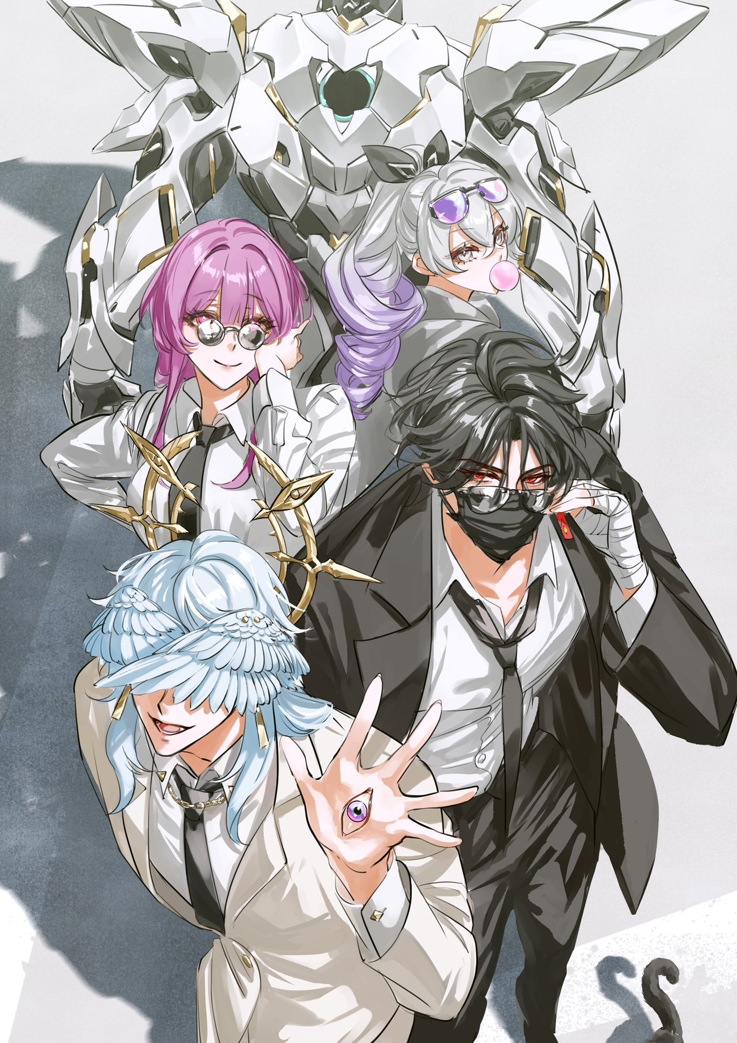 the image is an anime illustration depicting four characters. there are two women, one man, and one robot. the two women are dressed in white shirts and black ties, while the man is wearing a black suit and tie. the robot is white and grey and has a large metallic body. the characters are all wearing sunglasses and appear to be in a cool, cyberpunk style. the image is set in a futuristic city and suggests an atmosphere of mystery and intrigue.