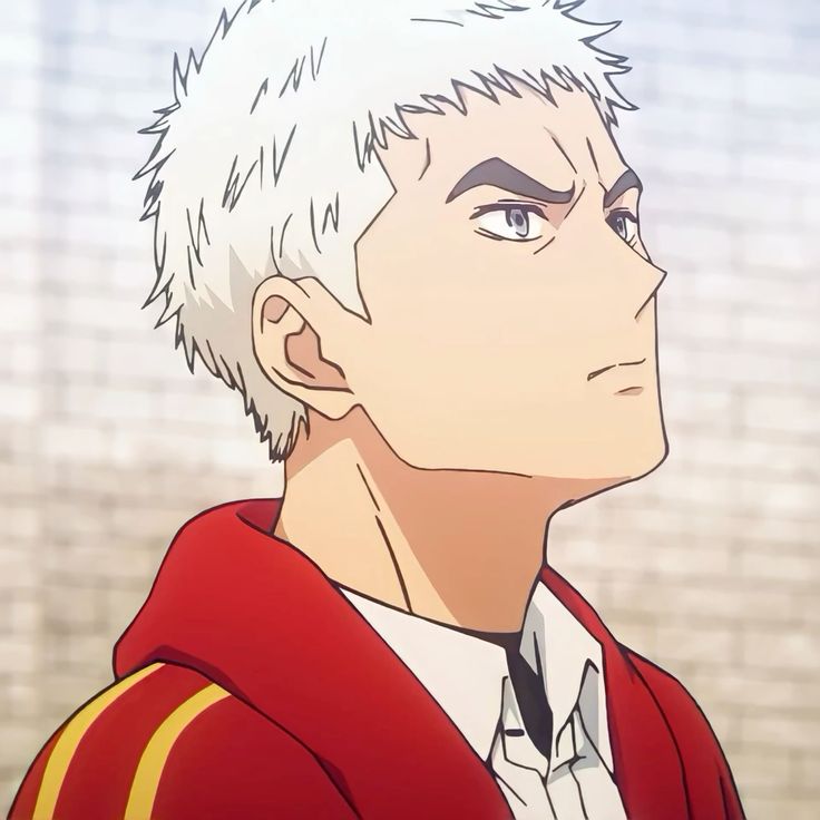 the image shows a young man with short, spiky white hair. he is wearing a red and white jacket with a black collar. he has a serious expression on his face and is looking up and to the right. the background is a blurred cityscape. the overall tone of the image is one of determination and resolve.