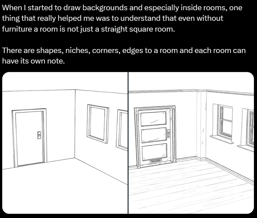 a twopanel image showing a drawing of two empty rooms. the left panel shows a plain square room. the right panel shows a more realistic room with a sloped ceiling and wooden floorboards.content: drawing, room, interiorpeople: environment: indoorslighting: perspective: kw: room, square, shape, niche, corner, edges, drawing, background