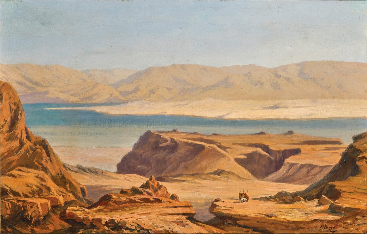a landscape painting depicts a desert scene with rocky cliffs and mountains in the background, and a body of water in the distance. two small figures, possibly travelers, are visible on a rocky outcrop in the foreground. the color palette is dominated by earth tones, with shades of brown, tan, and yellow. the sky is a pale blue.