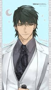 this is a portrait of a handsome anime/manga male character. he is wearing a white suit and black tie. he has black hair and blue eyes and a smile on his face. the background is a blue gradient with white stars.