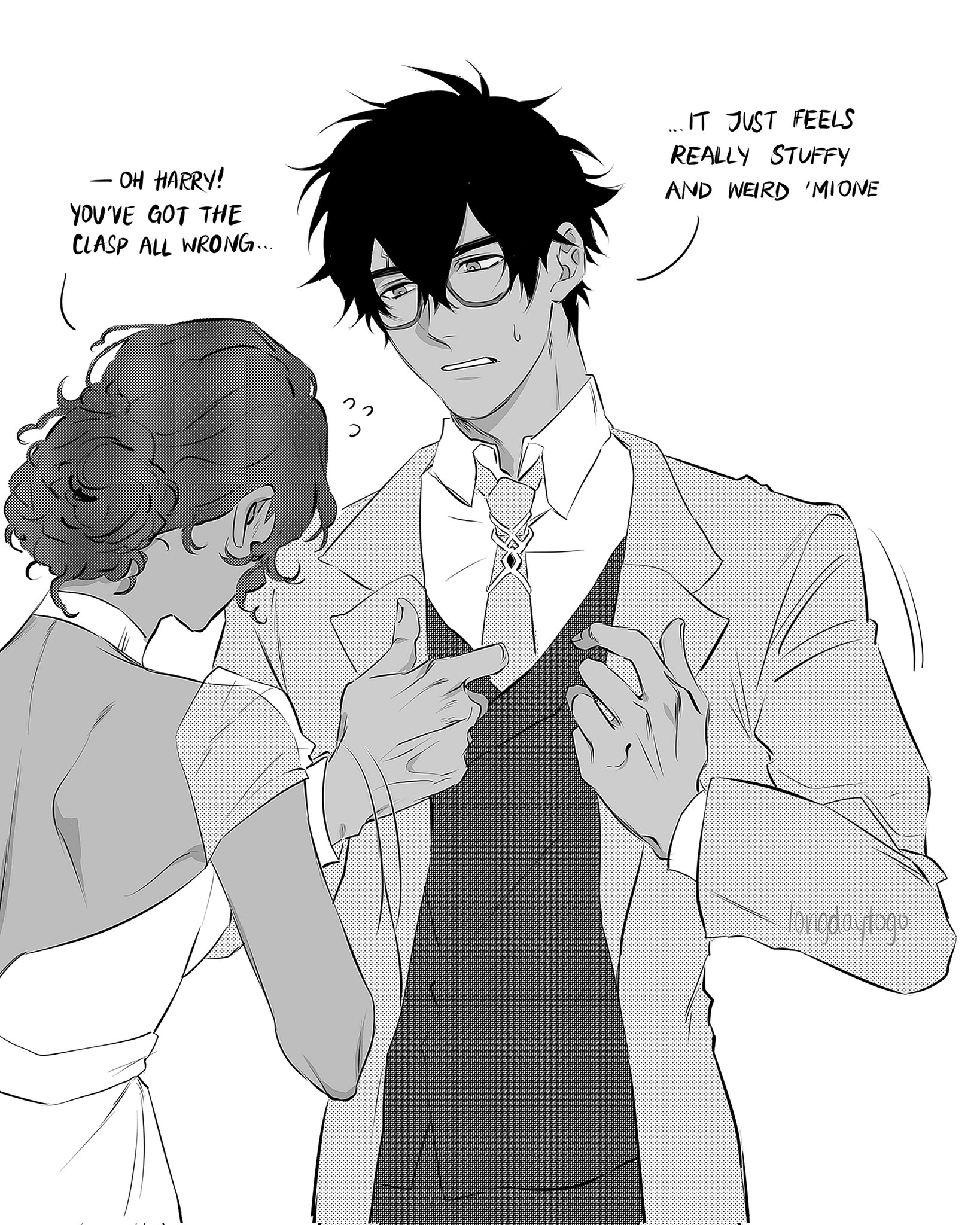 monochrome mangastyle illustration depicts a man and a woman in close proximity. the woman, with dark curly hair styled in an updo, is dressed in a simple dress, and is helping the man adjust his suit. the man, with dark hair and glasses, wears a suit with a waistcoat and a necktie. his expression is one of slight frustration or discomfort. the woman’s expression is more neutral and focused on assisting him. the artwork displays a degree of intimacy and affection between the couple.  speech bubbles indicate dialogue, conveying a situation where the woman is correcting the man's clothing and the man expressing discomfort. the style is clean and detailed, with soft shading and linework typical of manga. the overall atmosphere suggests a quiet moment of shared interaction within a romantic relationship.