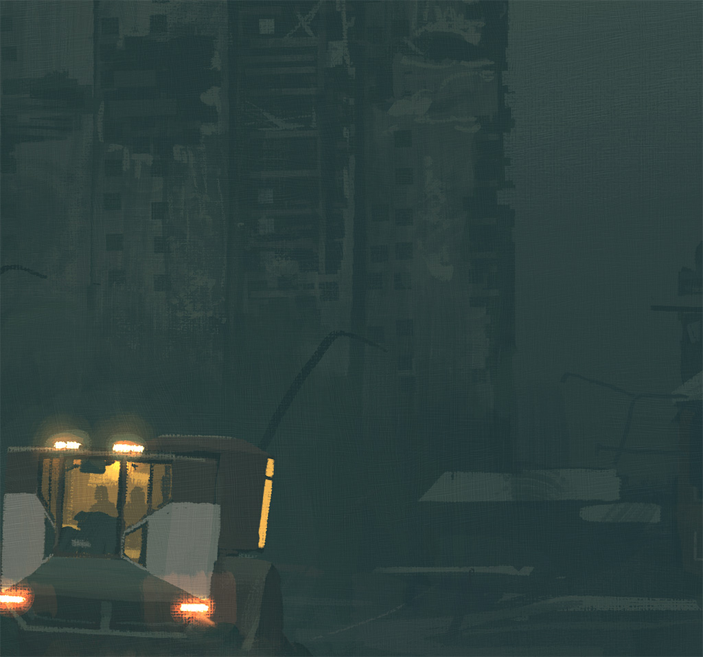 a dark and mysterious cityscape with a silhouette of a vehicle driving through a misty fog. the vehicle's headlights illuminate the front of the vehicle and the street ahead. there are buildings in the background and the entire scene is shrouded in darkness.