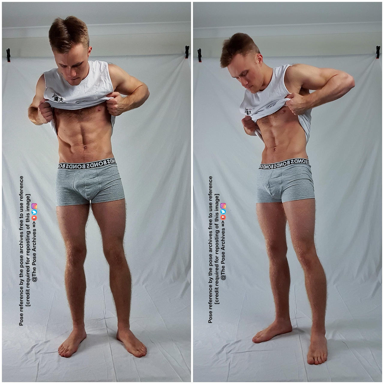 a young man in gray underwear is striking a pose in a studio setting. he is holding the bottom of his white tank top, as if about to remove it. the background is plain white and the lighting is soft. the image is split into two identical halves, side by side.