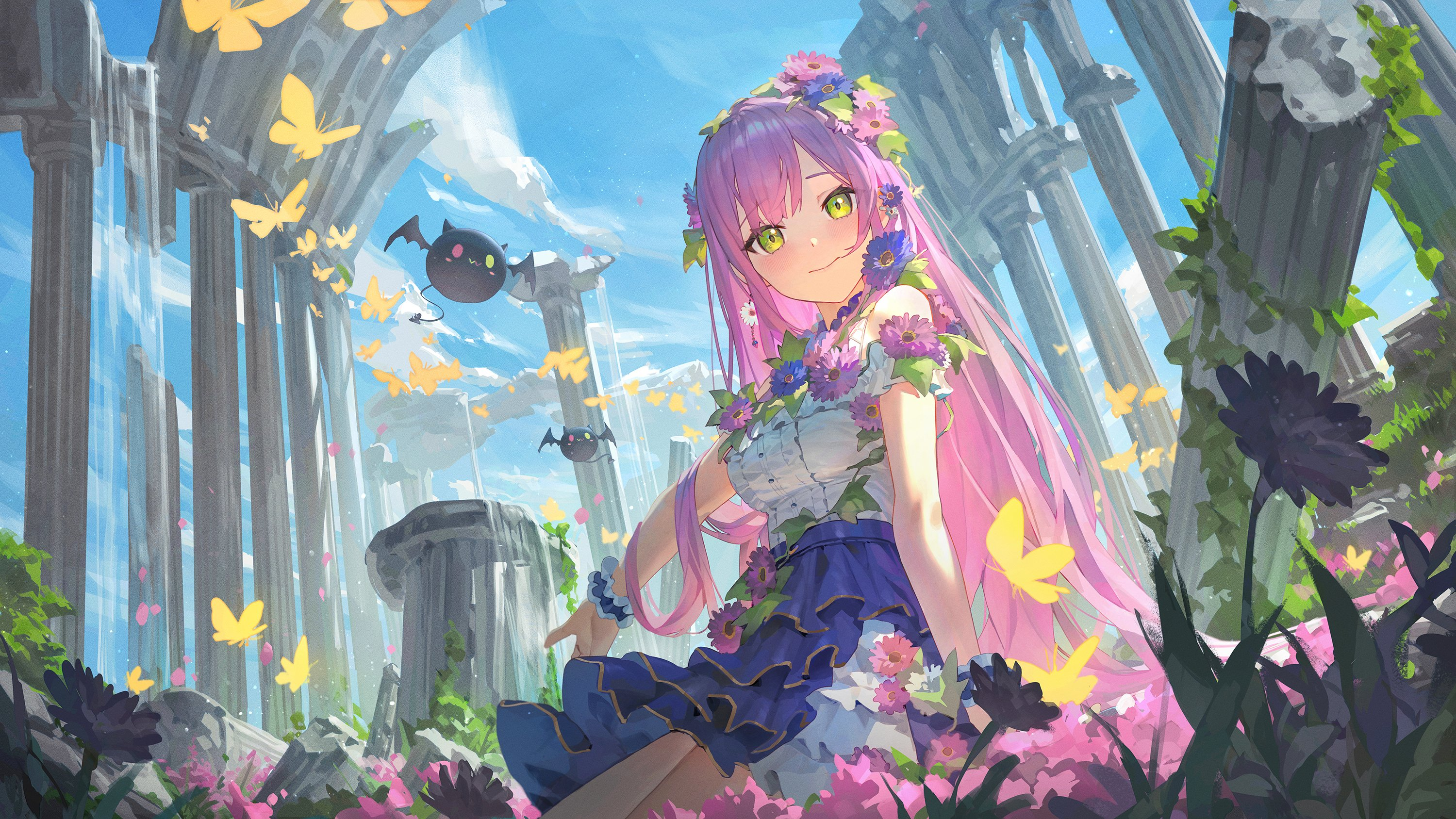 the image features a young anime girl with long pink hair and purple eyes. she's wearing a frilly white and blue dress with floral accents and is sitting gracefully amidst a field of pink and purple flowers. surrounding her are towering, partially ruined stone columns reminiscent of ancient greece, overgrown with vines and bathed in warm sunlight.  yellow butterflies flutter around her, and a single black bat with a cute face flies above. the overall atmosphere is dreamy, serene, and magical.