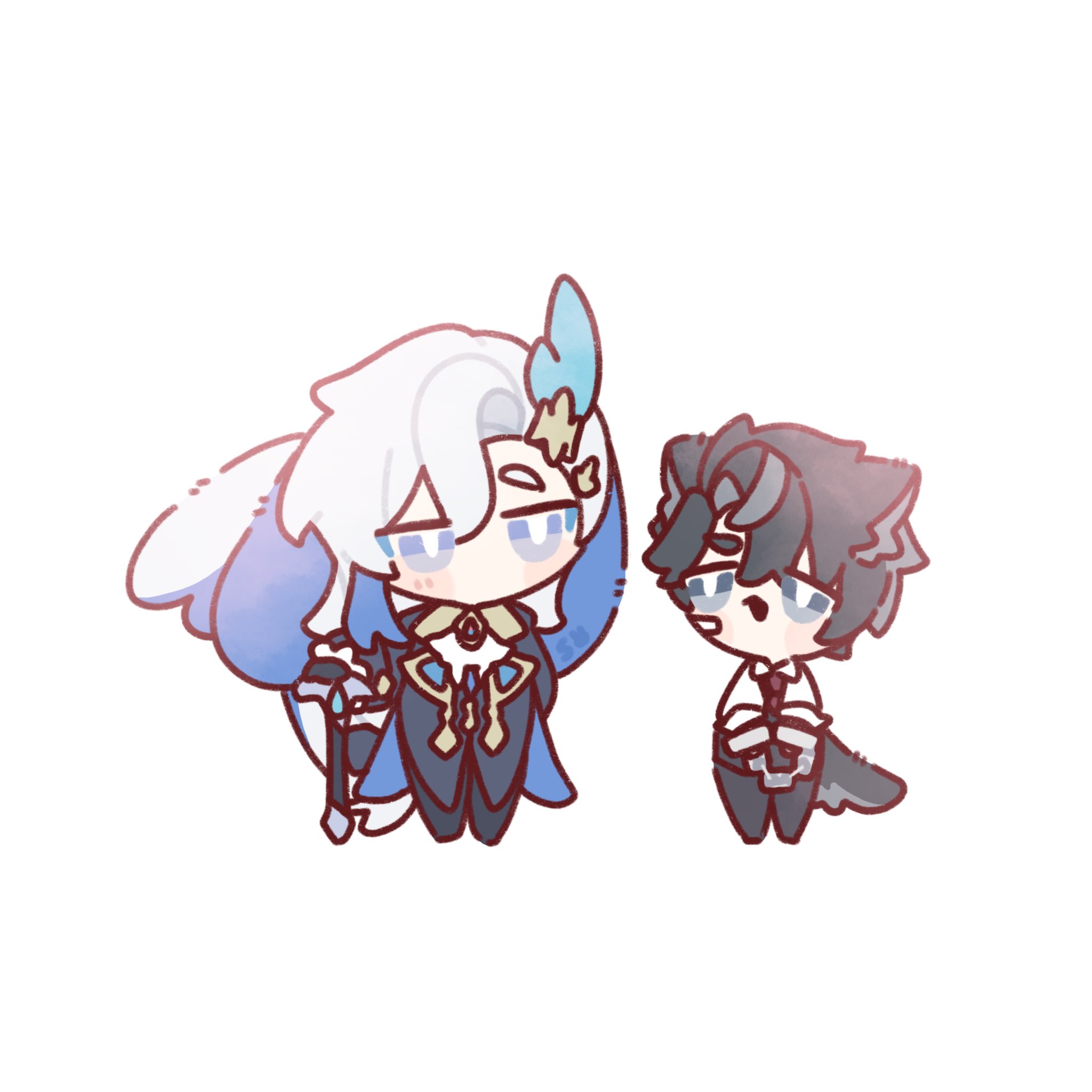 the image is a piece of fanart depicting chibi versions of ganyu and xiao from the video game genshin impact. ganyu, with her characteristic white hair and blue accents, is slightly larger than xiao, who has dark hair and is dressed in a more formal style. both characters are portrayed in a cute, almost cartoonish style. the art style is reminiscent of anime and has a soft color palette.  the background is simple and mostly white, allowing the characters to be the focus. the overall mood is lighthearted and friendly.