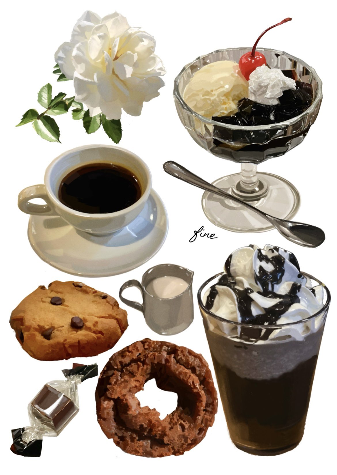 the image shows an assortment of desserts and coffee arranged on a white background. there's a cup of black coffee, a chocolate chip cookie, a chocolate donut, a wrapped piece of chocolate candy, a glass of iced coffee with whipped cream and chocolate syrup, a parfait glass of coffee jelly with a scoop of vanilla ice cream and a cherry on top, a small pitcher of milk or cream, and a single white rose with green leaves.