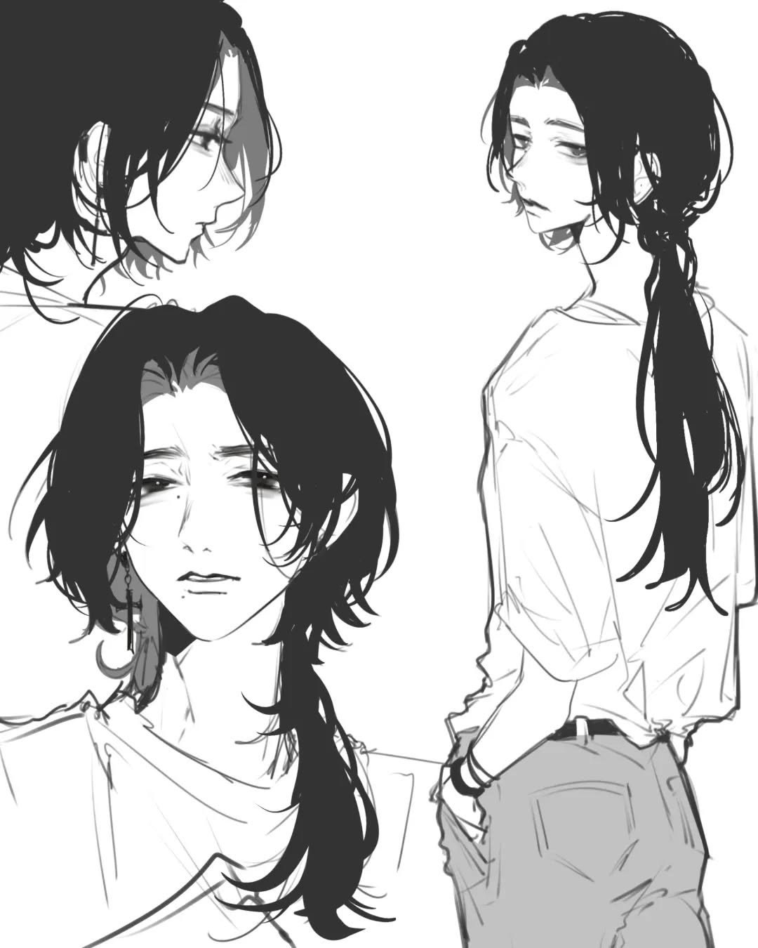 he image contains three sketches of a young woman with long, black hair. the sketches are done in a loose, expressive style with grayscale shading. the first sketch shows the woman in profile view from the left side. the second sketch shows the woman from the back, and the third sketch shows the woman from the front. the woman is depicted in casual attire.