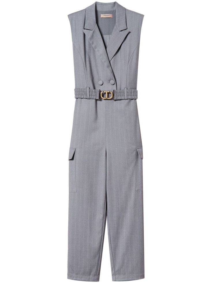 a women's grey sleeveless jumpsuit with a collar, pockets, and a belt.