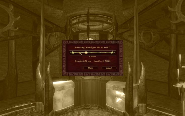 this is a screenshot from the video game morrowind. the ingame menu asks the player how long they would like to wait and provides a slider to choose from 0 to 3 hours, with the time being set to 1 hour. the menu also features a "wait" and "cancel" button for the player to select from.