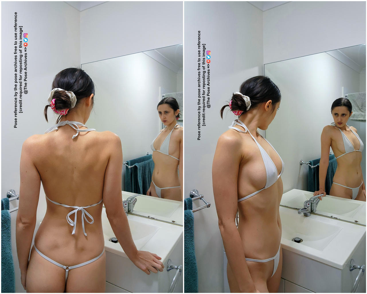 a woman in a white bikini is posing in a bathroom. there are two images stitched together, showing her front and back as she looks at herself in the mirror. the bathroom is simple, with white walls and a white sink. a towel rack is visible on the wall.  the images seem to be for pose reference, with a watermark indicating the source and usage terms.