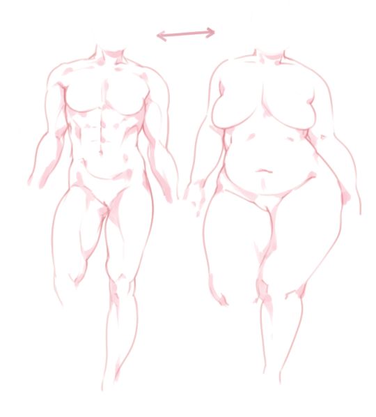 two nude figure drawings, one male and one female, stand next to each other.  the male figure is muscular, while the female figure is overweight. both figures are drawn in a simplified style, with minimal detail. there are arrows above them pointing in both directions, indicating that they are meant to be compared.
