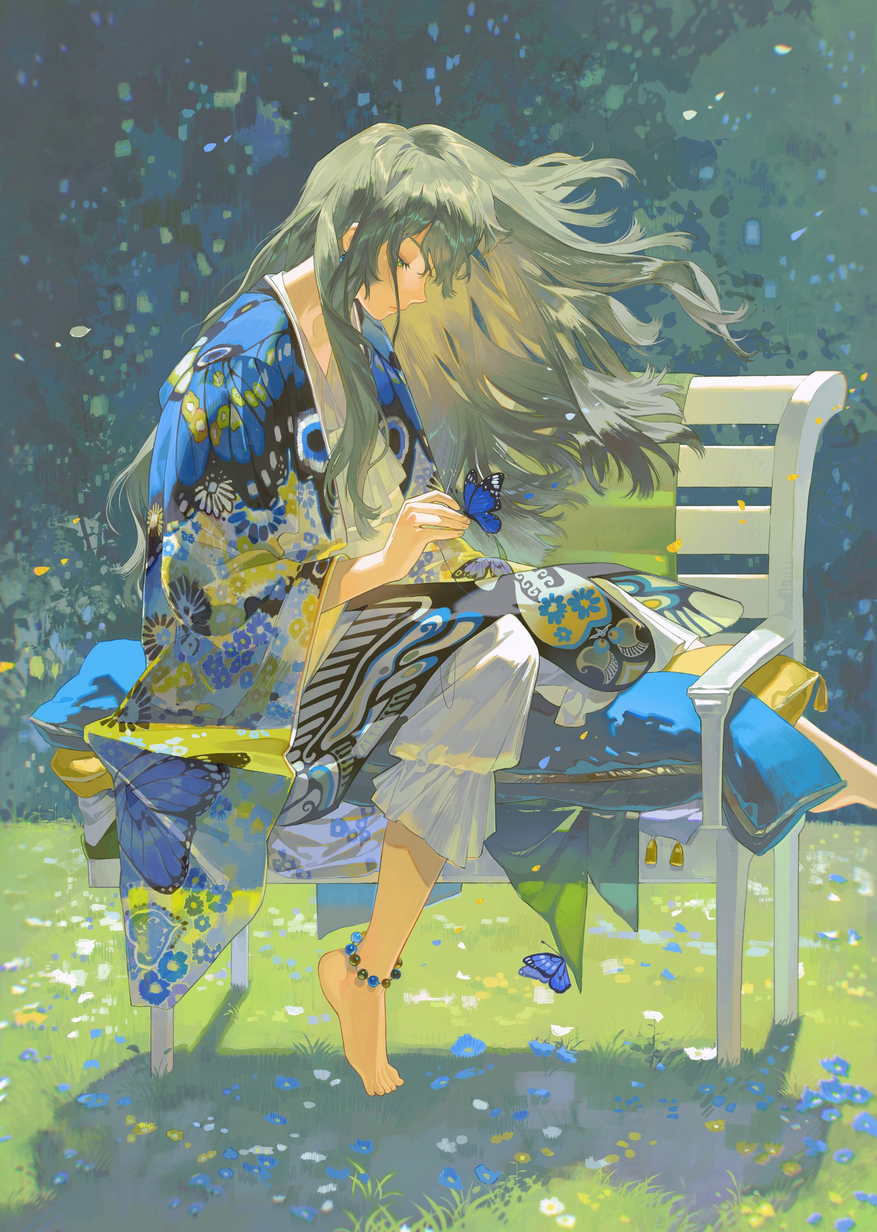 this digital painting depicts a beautiful anime girl with long green hair wearing a kimono and sitting on a bench outdoors in a field of flowers. she is holding a butterfly in her hand, and there is another butterfly flying near her feet. the scene is serene and dreamlike, with the colors of the sky, flowers, and girl's kimono blending together beautifully. the painting is full of details, such as the flowing hair, the delicate patterns on the kimono, and the delicate petals of the flowers.