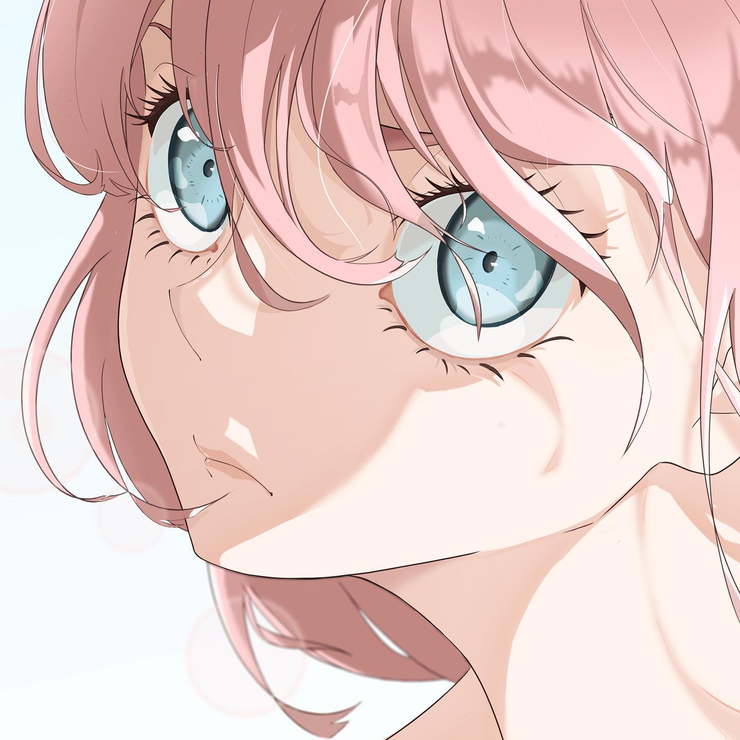 the image is a closeup digital illustration of an animestyle girl.  she has long, light pink hair that partially obscures her face. her eyes are large and a striking light blue, conveying a sense of pensive intensity or perhaps slight apprehension.  the overall style is soft and delicate, with pastel colors and subtle shading creating a dreamy and ethereal atmosphere. the focus is on the girl's eyes and expression, highlighting her emotional state.  the artwork is clean and beautifully rendered, with attention to detail in the hair and facial features.