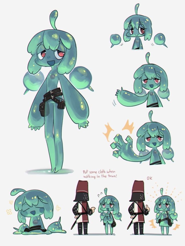 the image is a collection of character designs for a seemingly slimelike creature.  the main design shows a taller, anthropomorphic slime character with a relaxed expression, wearing a belt.  there are several smaller variations showing different poses and expressions, including some smaller slimes, and a couple showing interaction with what appear to be medieval guards.  the style is cute and cartoonish, with soft, pastel colors and simple linework. there is text suggesting a context of the creature needing clothing when in town. the overall impression is a design exploration for a potential game character or animation character.