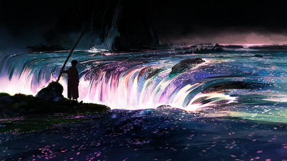 a man in a robe stands on a patch of land by a waterfall, holding a long, thin object like a fishing rod. the waterfall is glowing with neon pink, purple, and blue light, and the surrounding environment is dark and atmospheric. the overall feeling of the image is magical and mystical. there are pink flower petals scattered on the water's surface.