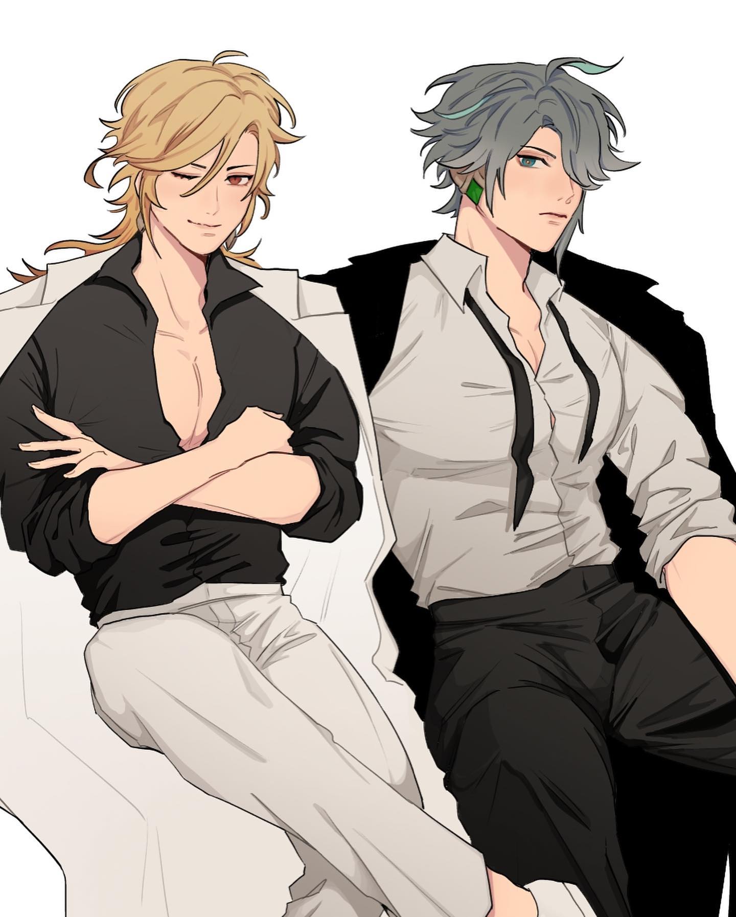 the image is a digital fanart depicting two animestyle men sitting close together.  one has blond hair and is wearing a black shirt, light gray pants, and a light beige coat. he has his arms crossed and a slightly smug expression. the other man has gray hair and is wearing a white shirt, black pants, and a dark gray jacket. he has a more neutral expression.  both are handsomely drawn and dressed in stylish clothing. the overall style suggests a boys' love (bl) theme, hinting at a romantic or intimate relationship between the two characters. the art is highly detailed and wellexecuted.