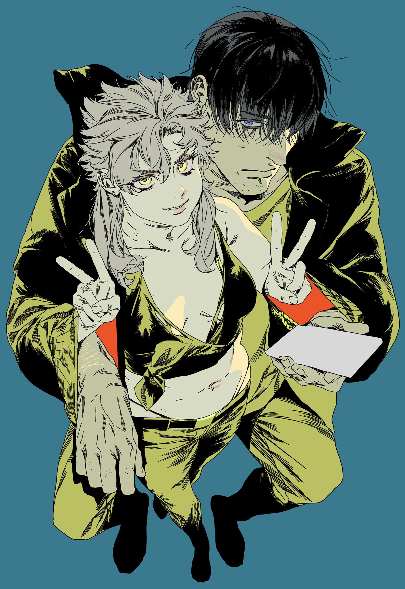 an illustration depicts a man and a woman in a pose. the woman, with blonde hair and green eyes, is wearing a black crop top and green pants. she is giving a peace sign with both hands and looking at the viewer. the man, with black hair and dark eyes, is standing behind her with one arm around her. he's holding a cigarette in his mouth and holding a blank white card in his left hand. they are wearing a matching green jacket. the background is a solid teal. the image appears to be drawn in an anime style.