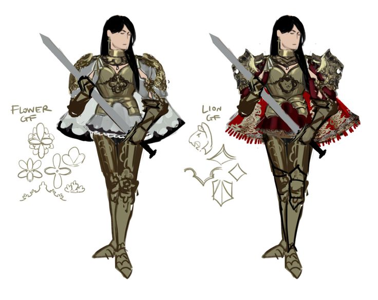 the image presents a concept art piece showing two variations of a female knight character.  both figures are depicted in similar armor with a sword, but they differ significantly in their attire.the character on the left has a white, flowerthemed dress and capelet, and the design sketches nearby include stylized flower shapes. it's labeled "flower gf".  the character on the right wears a red, lionthemed cape and dress.  the design sketches near it show a stylized lion head and geometric patterns.  it's labeled "lion gf".both versions share similar armor details, poses, and weaponry, illustrating design options for a single character. the style is a digital painting with a slightly rough, sketchlike quality, conveying a sense of concept exploration.