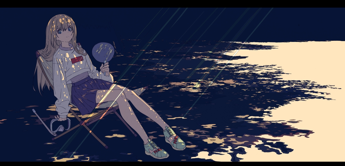 the illustration depicts a young anime girl with long blonde hair sitting on a folding chair near the water's edge.  she's wearing a white cropped sweatshirt with a red logo, a purple skirt, and teal sneakers. she holds a hand fan and a diving mask is near her feet.  the setting appears to be a beach at sunset or sunrise, with the water reflecting the warm light. the sun's rays cast long shadows and streaks of light across the scene, creating a serene and dreamlike atmosphere.  the art style is soft and stylized, with muted colors and a focus on mood and atmosphere rather than sharp details. the overall impression is one of peace, quiet contemplation, and perhaps a sense of summer vacation or relaxation.