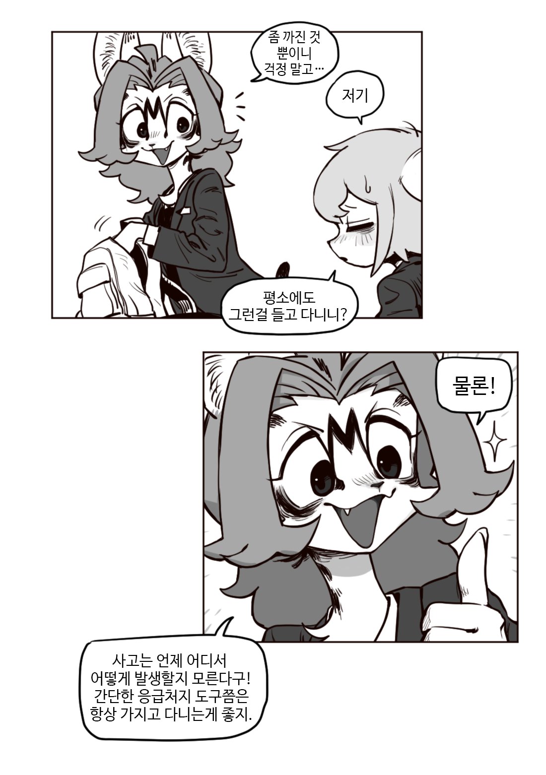 this is a cartoon image with speech bubbles, depicting several furry animal characters. it appears to be a comic strip. one of the characters, who is a cat, suggests to another character that they should always carry firstaid supplies for safety.