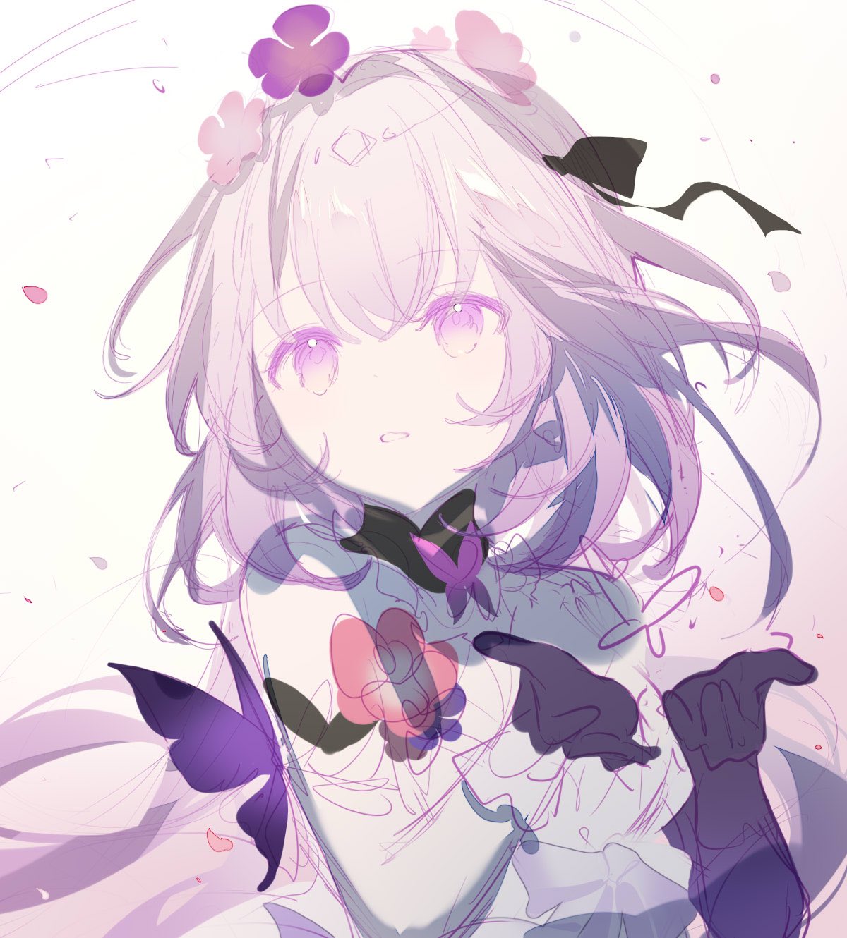 an illustration of an anime girl with light purple hair, wearing a flower crown and a dress. a butterfly is featured on the dress, and she is wearing long gloves. the overall color scheme is light purple and white, with a soft, dreamy aesthetic.